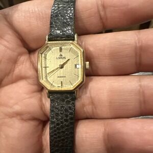 Working Vintage Gold Tone‎ Lorus Ladies Watch Y242-5000 Black Leather Band 20mm